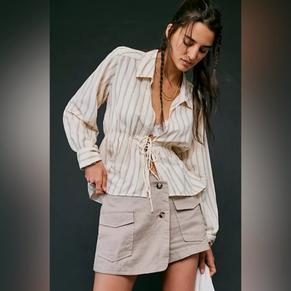 NWOT Free People Caitlin Top Beige Striped Tie Front Boho‎ Blouse Size XS/TP